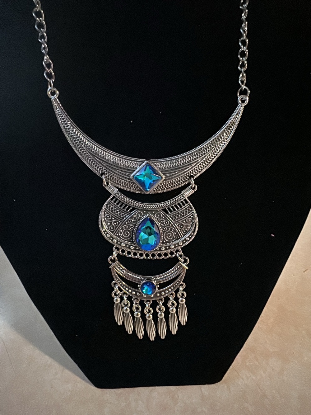 Bohemian Silver-Tone Necklace with Blue Teardrop Stones